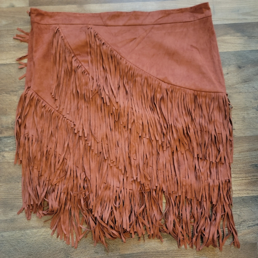 Burnt Umber IDYLLWIND Suede Fringe Skirt